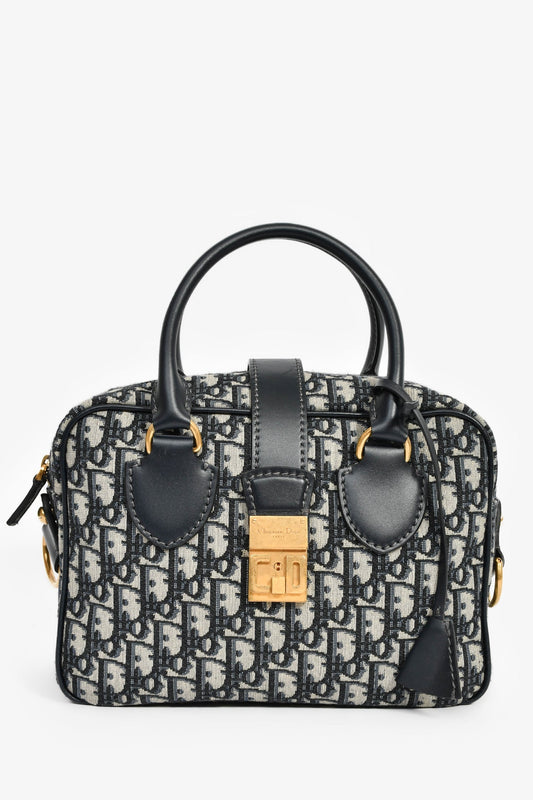 Christian Dior 2017 Navy Oblique Jacquard Bowling Bag With Strap Rovelle Bags