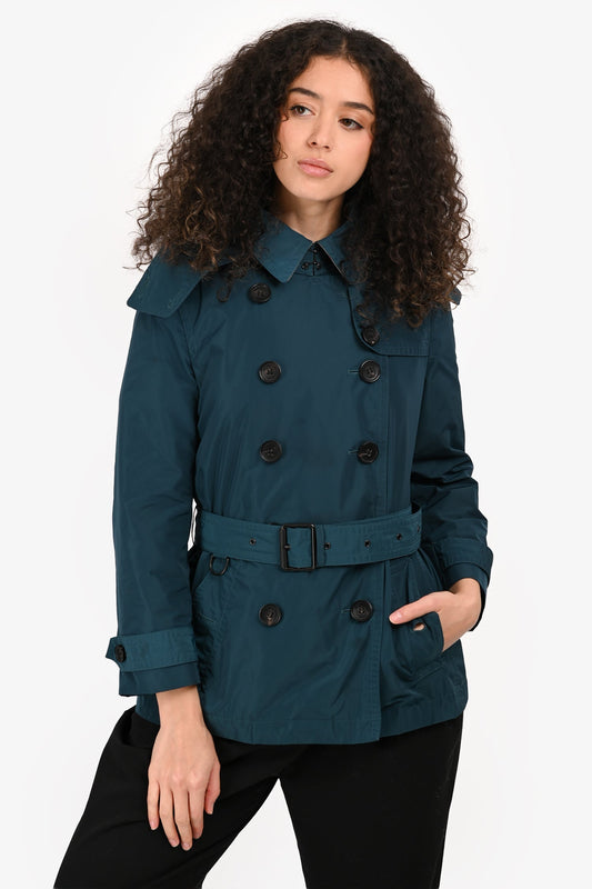 Burberry Brit Teal Nylon Double Breasted Removable Hood Trench Coat Size 8 US