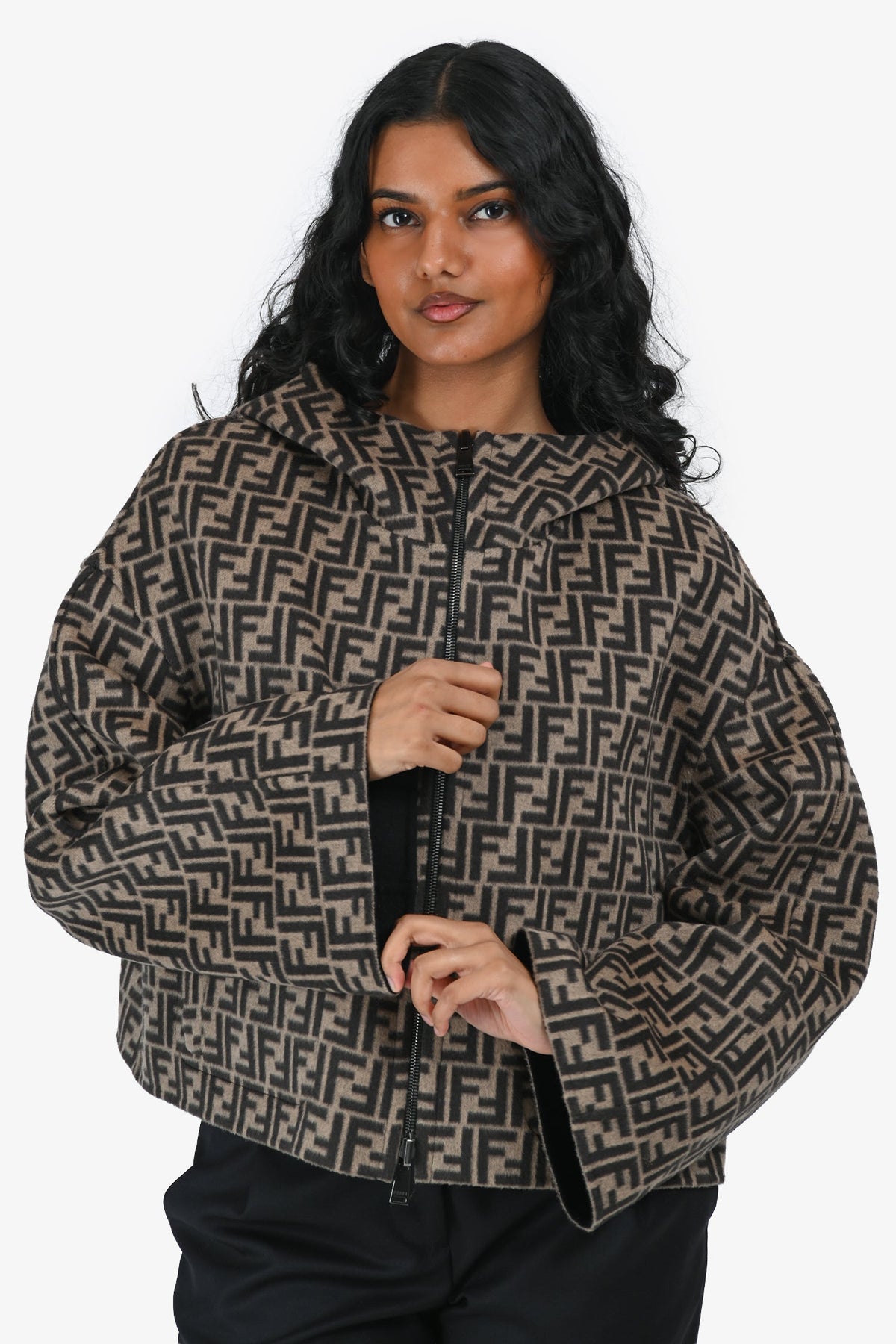 Fendi 2025 Brown Zucca/Black Wool Reversible Hooded Jacket with Leather Pockets Size 44 IT Rovelle Bags