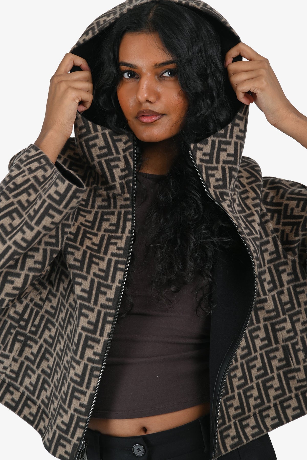 Fendi 2025 Brown Zucca/Black Wool Reversible Hooded Jacket with Leather Pockets Size 44 IT Rovelle Bags