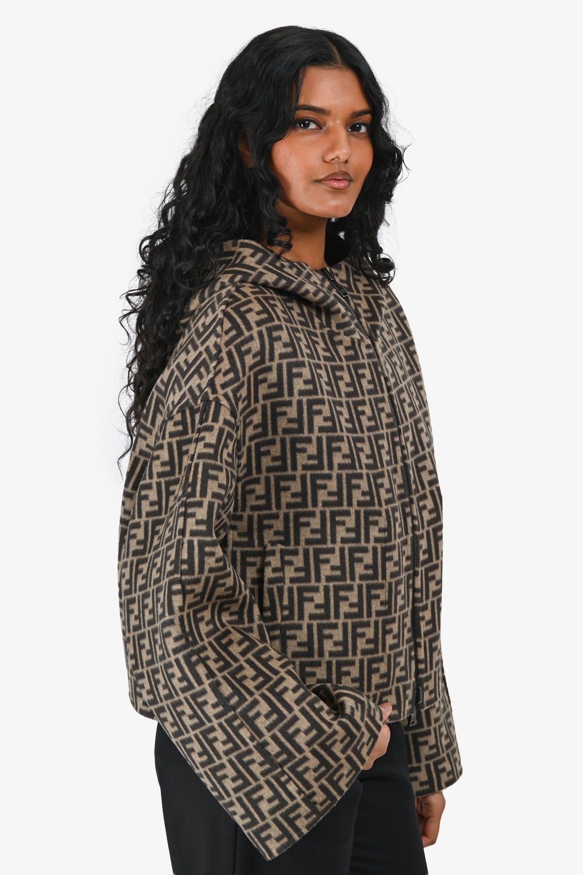 Fendi 2025 Brown Zucca/Black Wool Reversible Hooded Jacket with Leather Pockets Size 44 IT Rovelle Bags