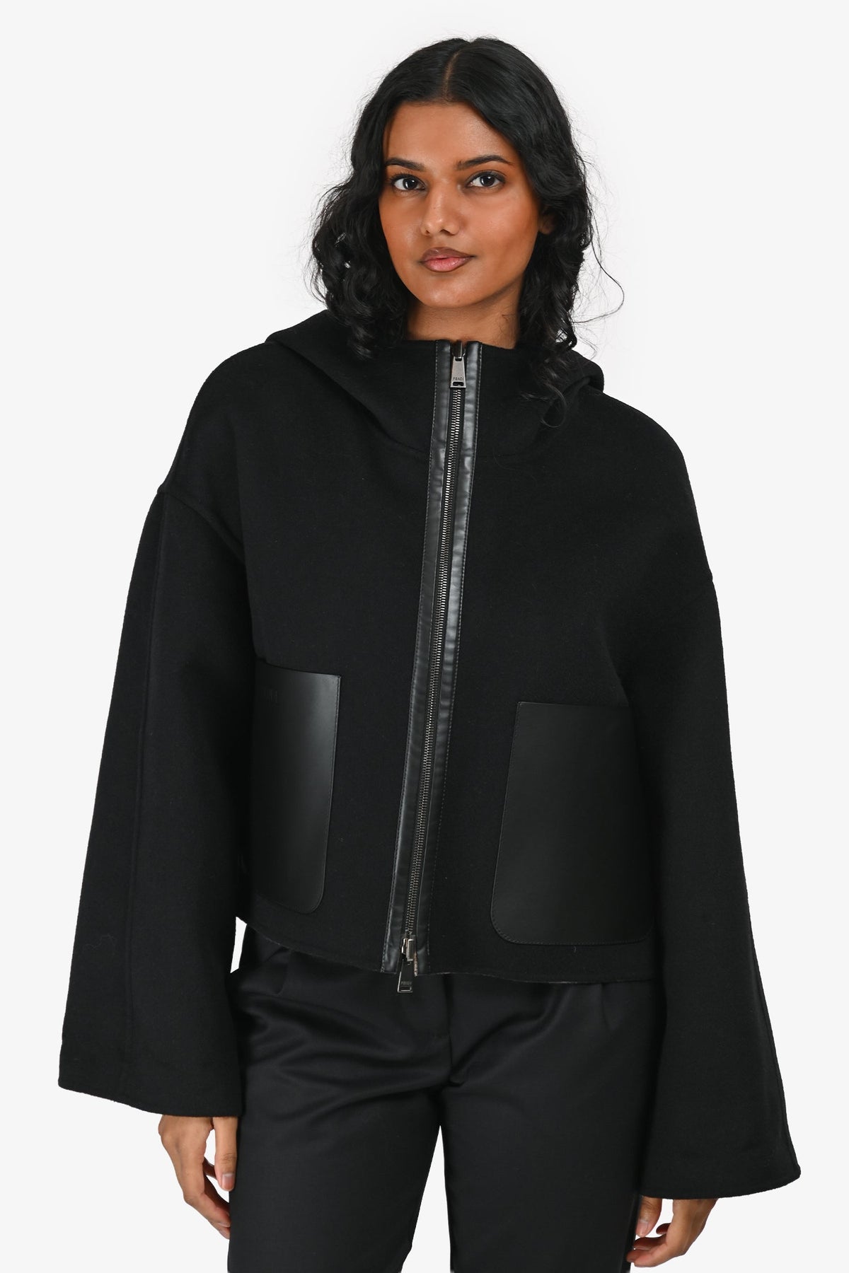 Fendi 2025 Brown Zucca/Black Wool Reversible Hooded Jacket with Leather Pockets Size 44 IT Rovelle Bags
