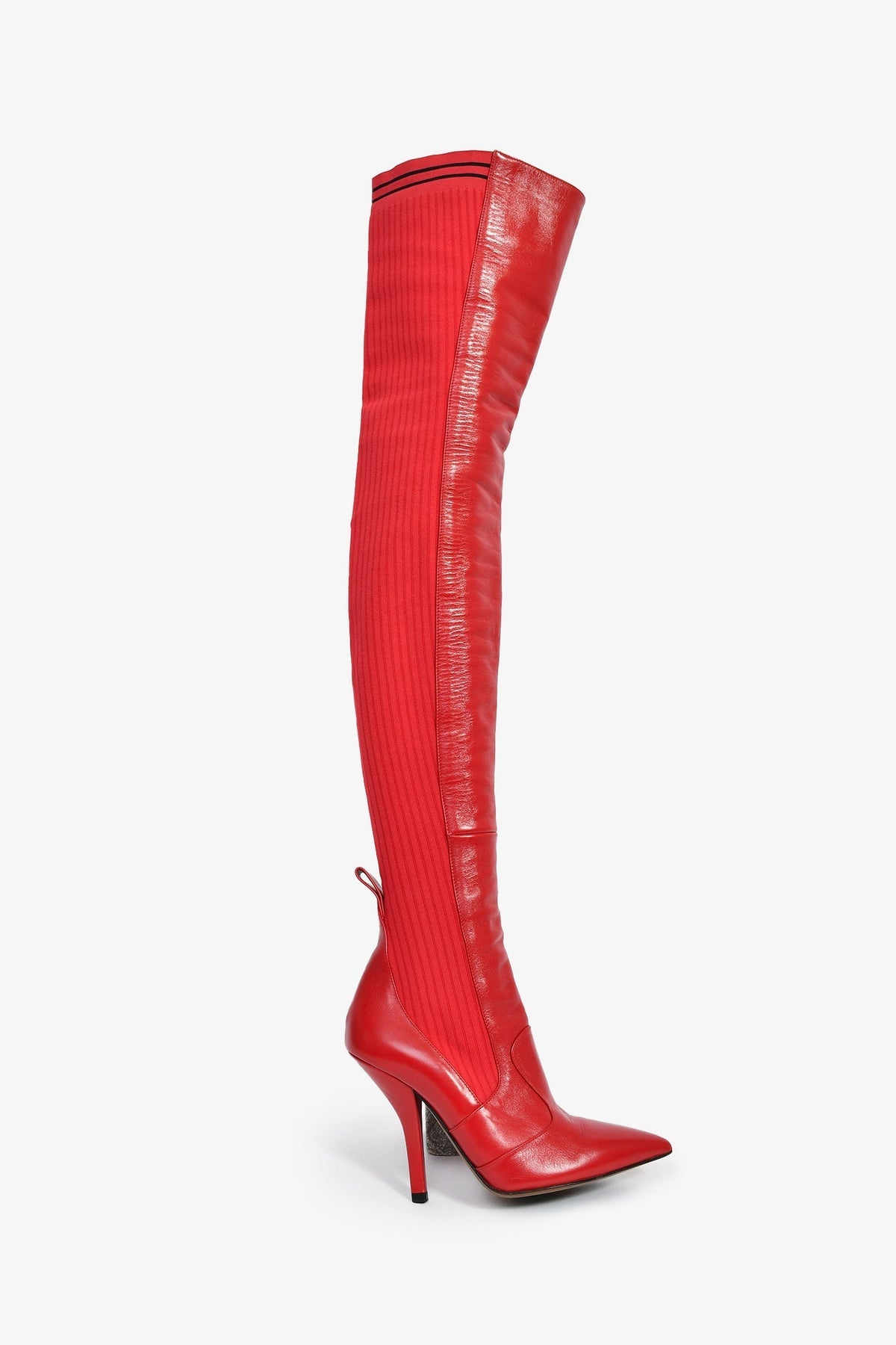 Fendi Red Leather/Knit Over The Knee 'Rockoko' Heeled Boots Size 37 Rovelle Bags