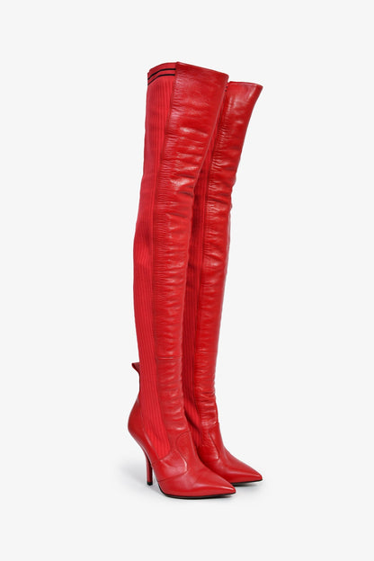 Fendi Red Leather/Knit Over The Knee 'Rockoko' Heeled Boots Size 37 Rovelle Bags