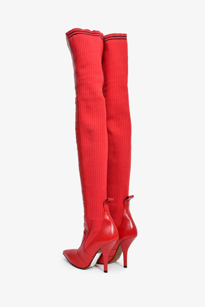 Fendi Red Leather/Knit Over The Knee 'Rockoko' Heeled Boots Size 37 Rovelle Bags