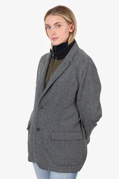 Burberry Black/White Wool Herringbone Single Breasted Blazer With Quilted Zip Up Size L
