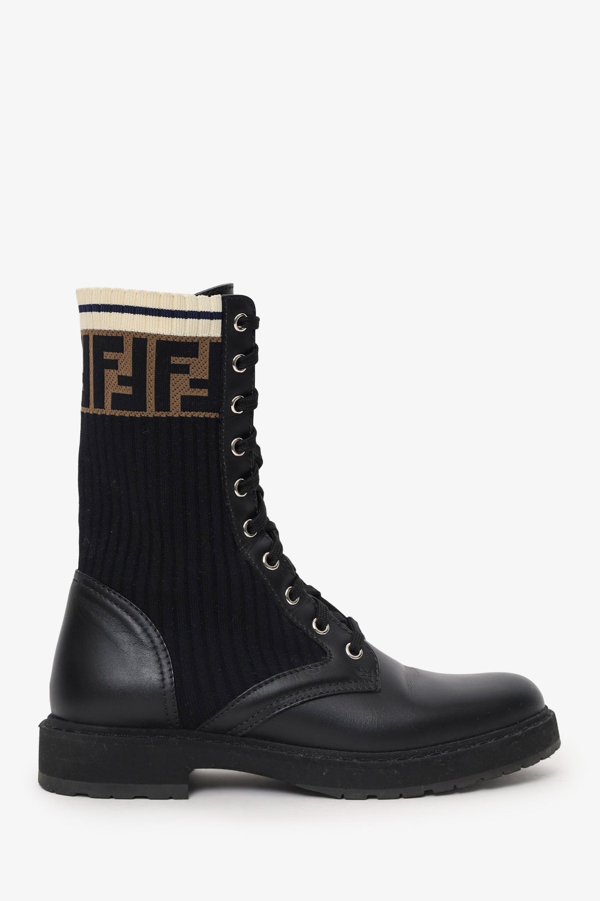 Fendi Black Leather Zucca Stretch Knit Combat Boots Size 38 Rovelle Bags