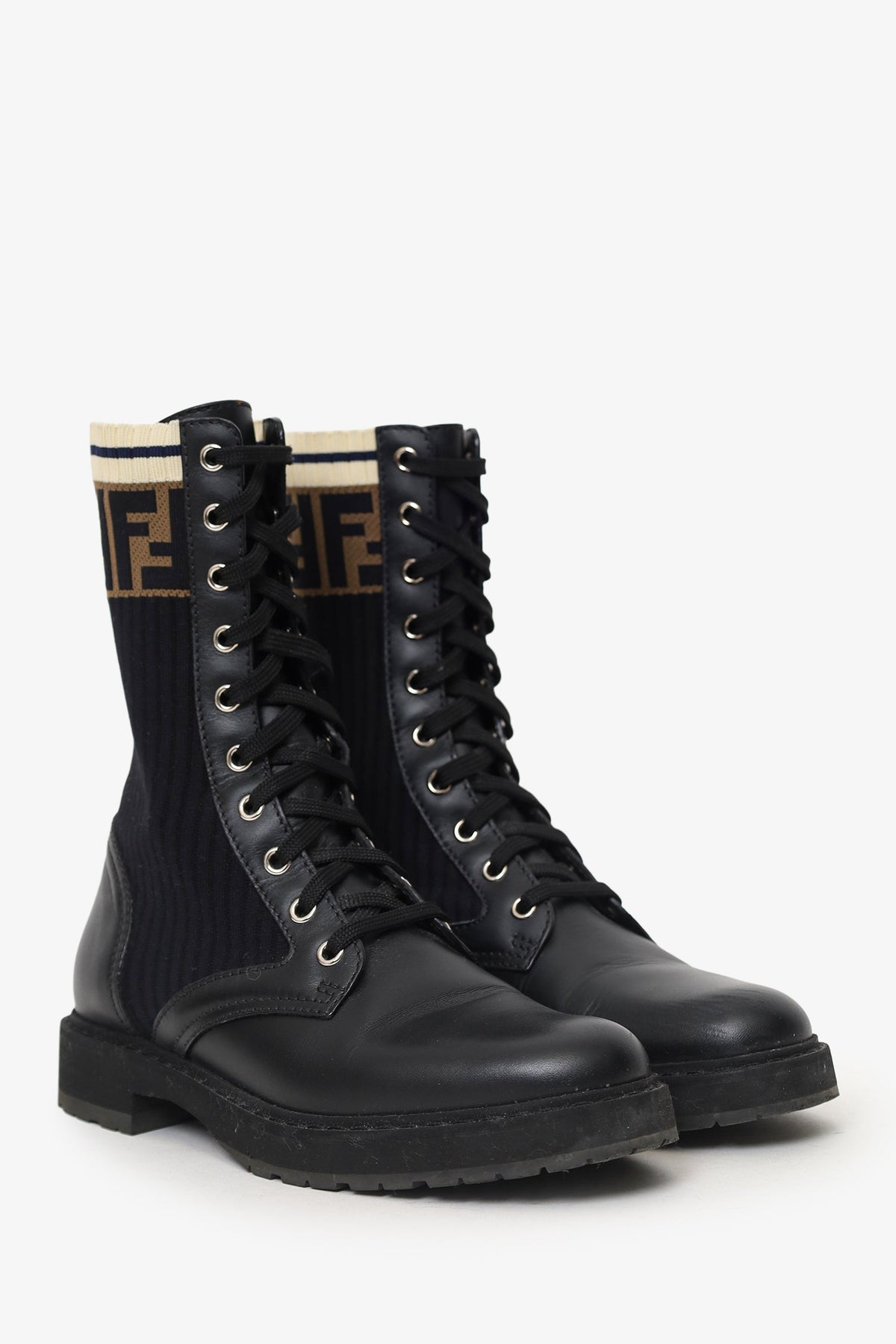 Fendi Black Leather Zucca Stretch Knit Combat Boots Size 38 Rovelle Bags