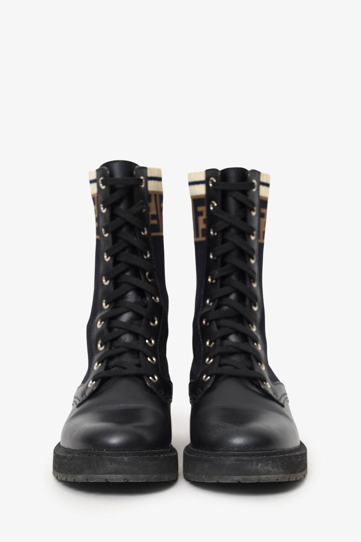 Fendi Black Leather Zucca Stretch Knit Combat Boots Size 38 Rovelle Bags