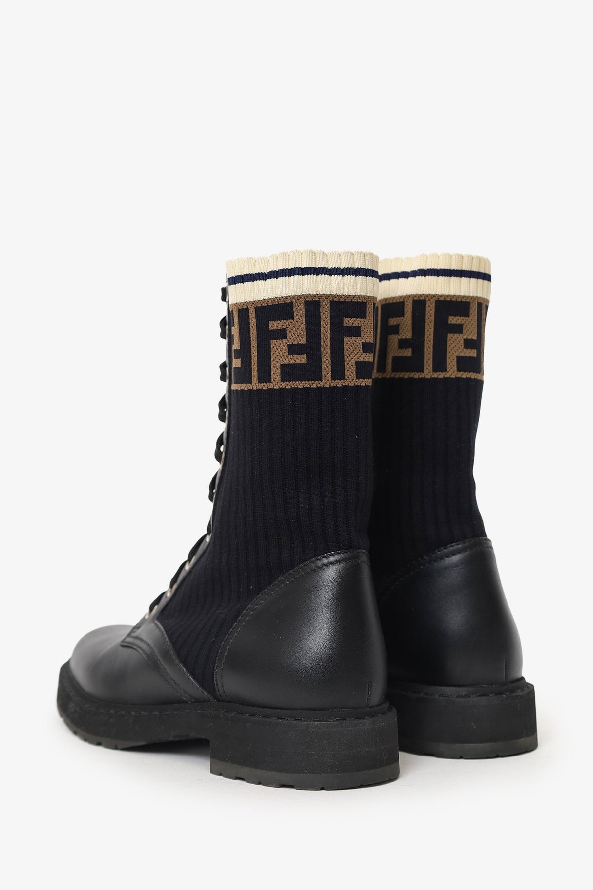 Fendi Black Leather Zucca Stretch Knit Combat Boots Size 38 Rovelle Bags