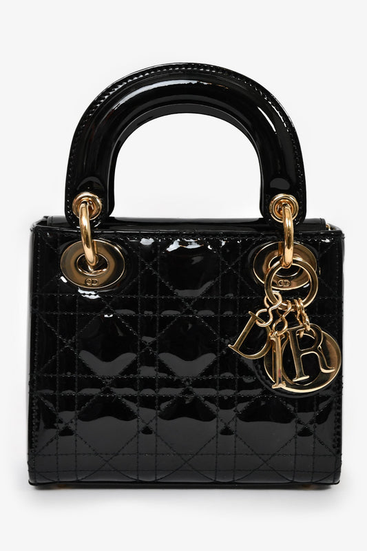Christian Dior 2020 Black Patent Leather Mini Lady Dior Bag With Strap Rovelle Bags