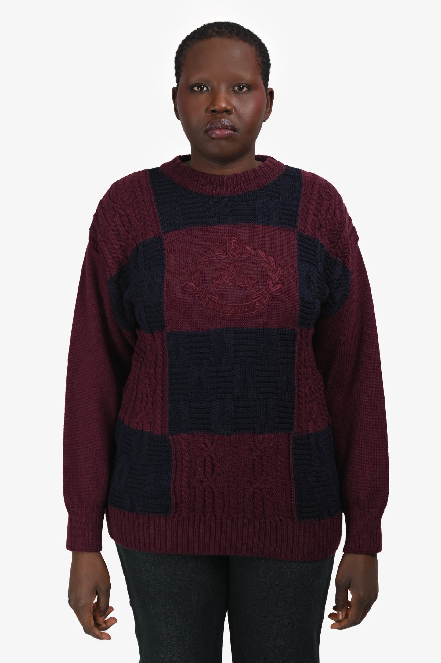 Burberrys Maroon/Navy Wool Embroidered Logo Check Sweater Est. Size M