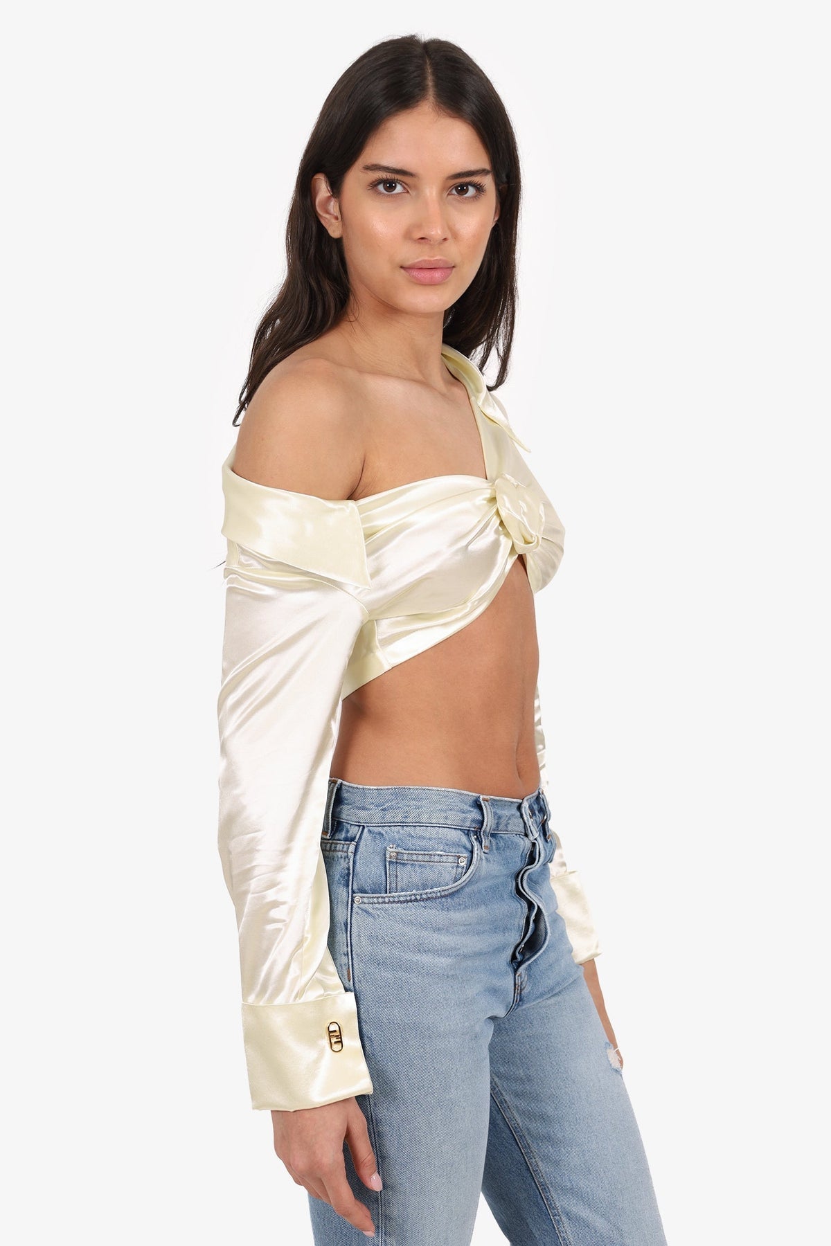 Fendi White Silk Flower Front Long Sleeve Crop Top Size 38 Rovelle Bags