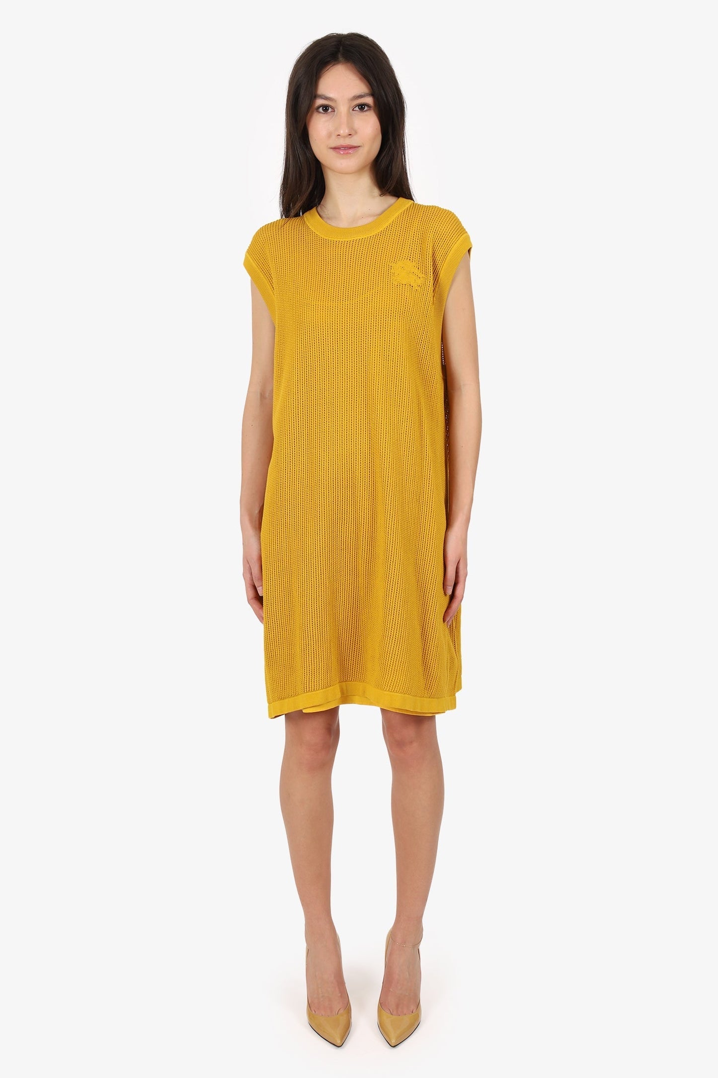 Burberry Yellow Cotton Knit Mesh Logo Sleeveless Dress Size XL