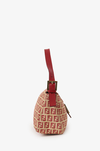 Fendi Red/Beige FF Zucca Canvas Double Flap Baguette Shoulder Bag Rovelle Bags