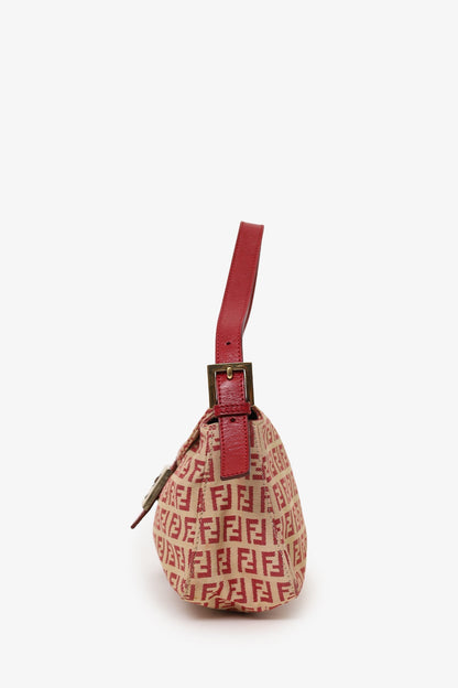 Fendi Red/Beige FF Zucca Canvas Double Flap Baguette Shoulder Bag Rovelle Bags