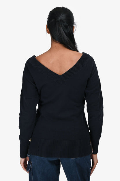 Burberry Blue Label Navy Cotton V-Neck Tie Detail Sweater Size 38