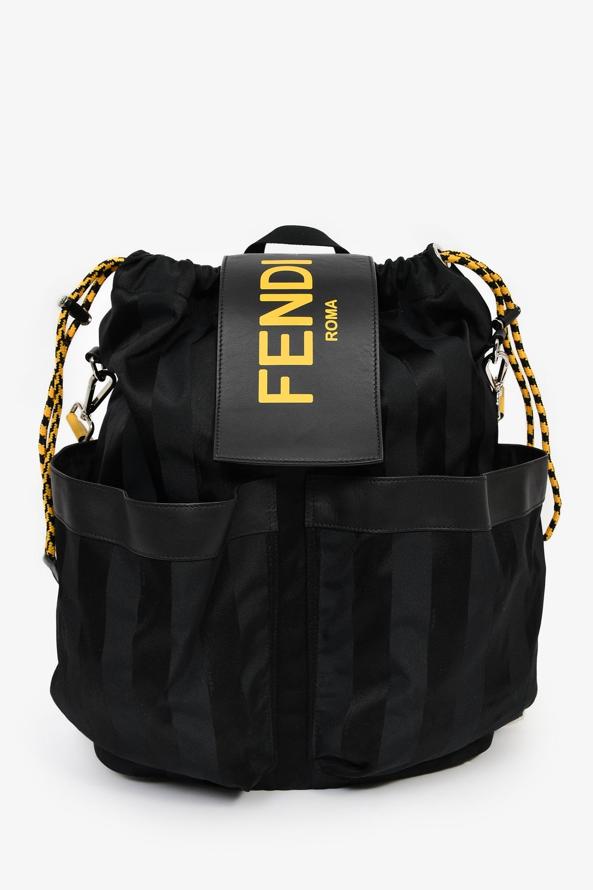 Fendi Black/Yellow Nylon/Leather Pequin Drawstring Backpack Rovelle Bags