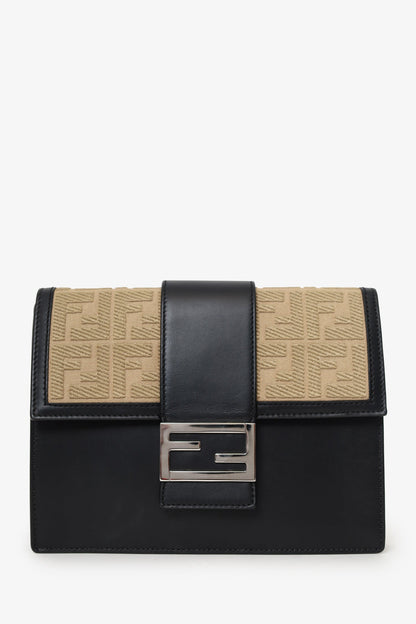 Fendi Black/Beige Calfskin/Canvas FF 1974 Flat Baguette Crossbody Rovelle Bags