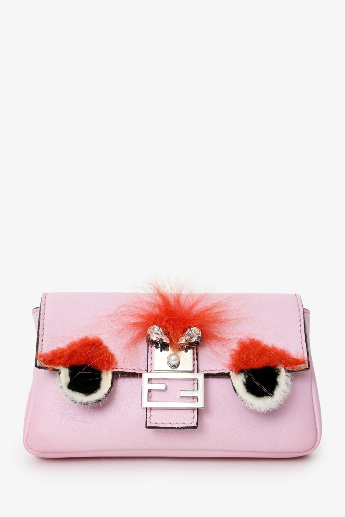 Fendi Pink Leather Crystal/Fur Micro 'Monster' Baguette With Strap Rovelle Bags