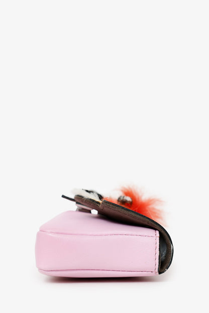 Fendi Pink Leather Crystal/Fur Micro 'Monster' Baguette With Strap Rovelle Bags