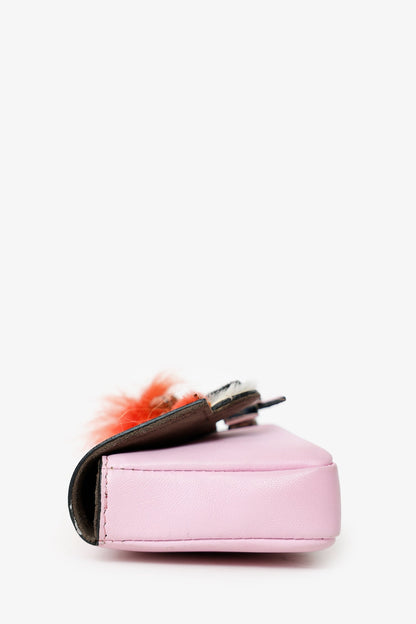 Fendi Pink Leather Crystal/Fur Micro 'Monster' Baguette With Strap Rovelle Bags