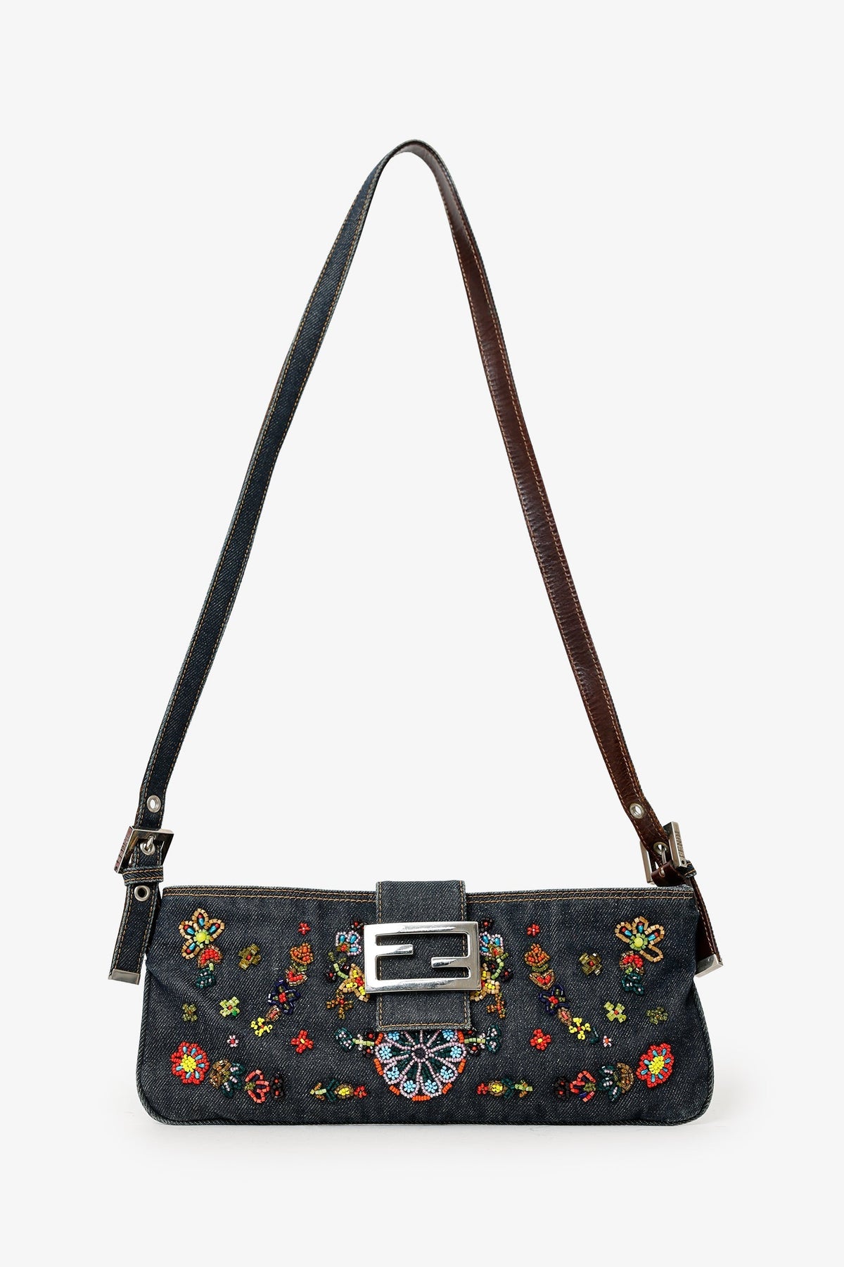 Fendi Blue Denim Beaded Baguette Pochette Rovelle Bags