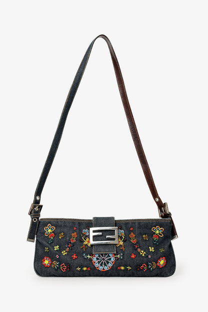 Fendi Blue Denim Beaded Baguette Pochette Rovelle Bags