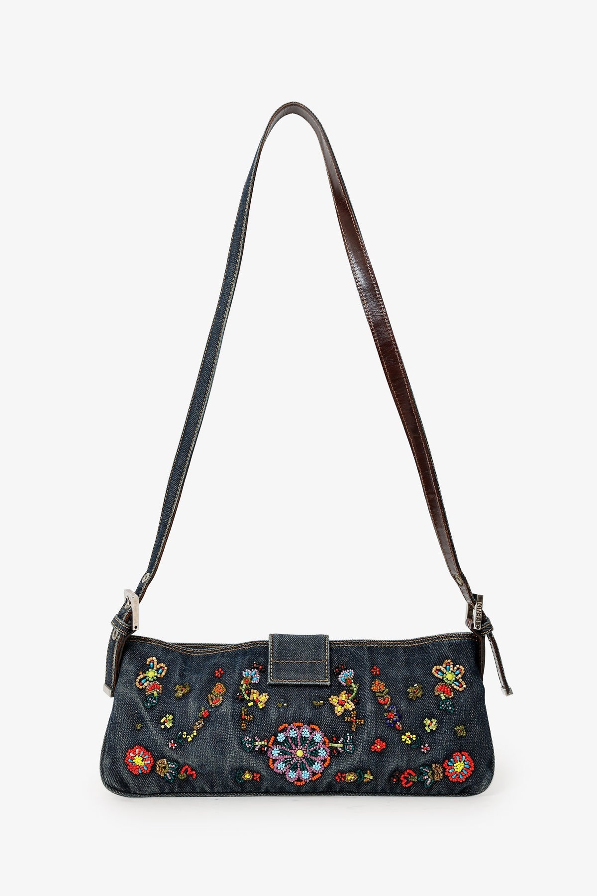 Fendi Blue Denim Beaded Baguette Pochette Rovelle Bags