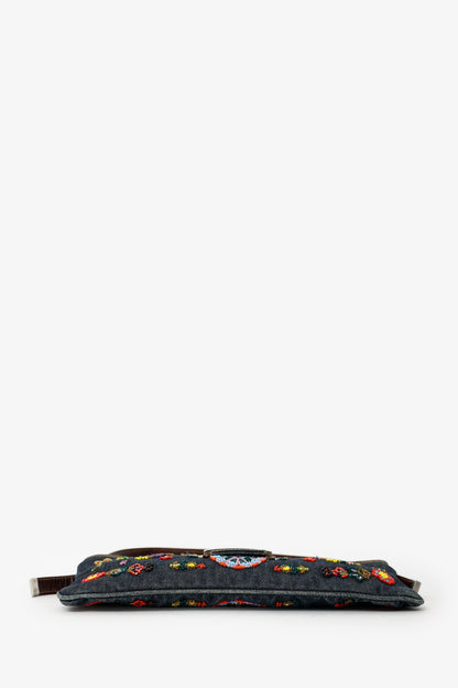 Fendi Blue Denim Beaded Baguette Pochette Rovelle Bags