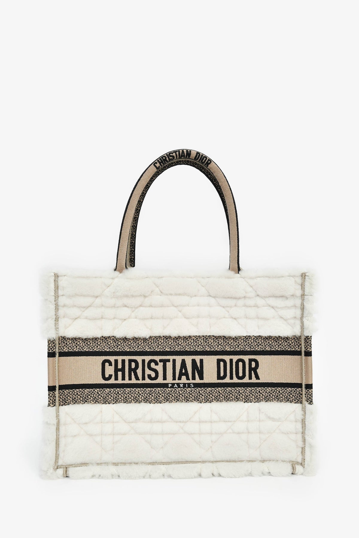 Christian Dior 2023 Ecru Cannage Shearling Taupe Canvas Medium Book Tote Rovelle Bags