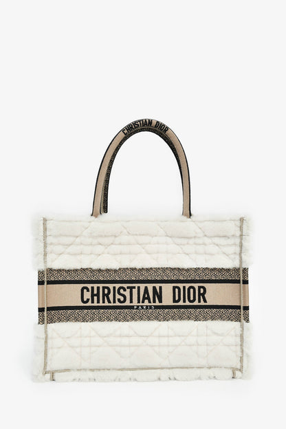 Christian Dior 2023 Ecru Cannage Shearling Taupe Canvas Medium Book Tote Rovelle Bags