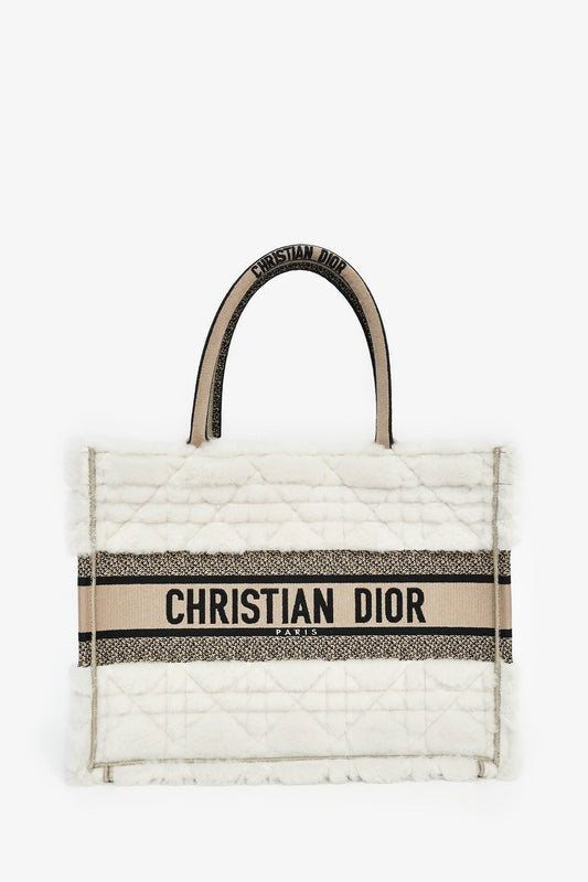 Christian Dior 2023 Ecru Cannage Shearling Taupe Canvas Medium Book Tote Rovelle Bags