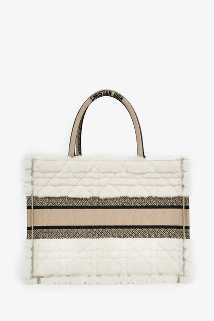 Christian Dior 2023 Ecru Cannage Shearling Taupe Canvas Medium Book Tote Rovelle Bags