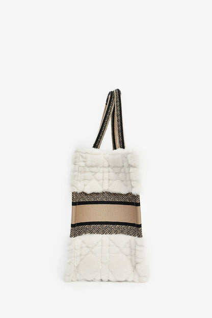 Christian Dior 2023 Ecru Cannage Shearling Taupe Canvas Medium Book Tote Rovelle Bags