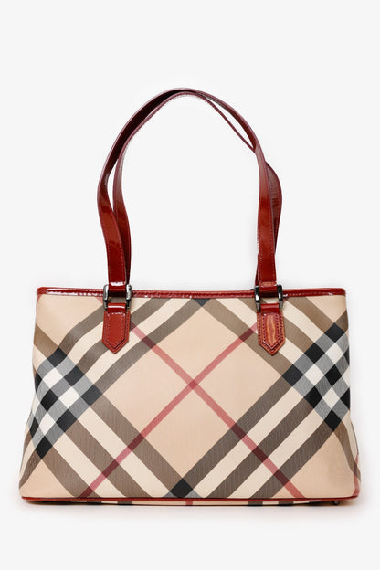 Burberry Beige/Red Coated Canvas Novacheck Top Handle Bag