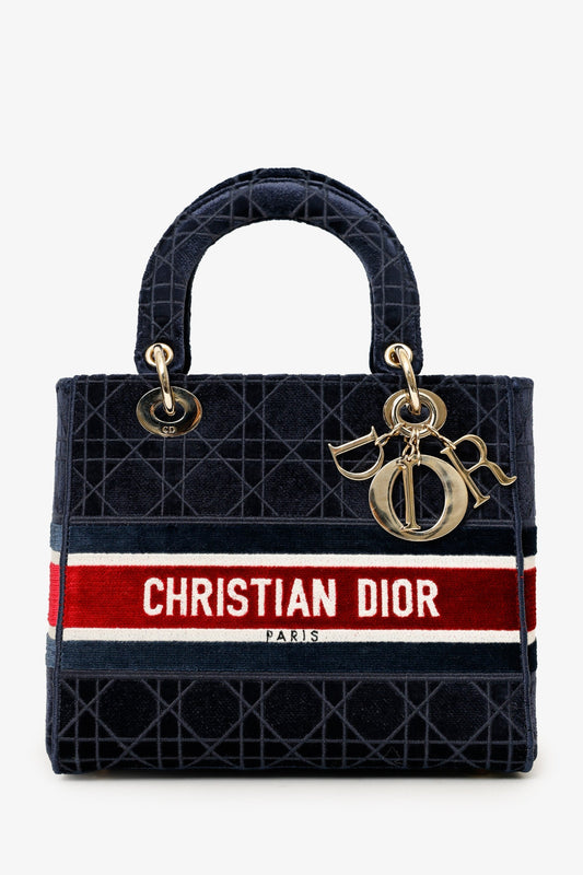 Christian Dior 2021 Blue Velvet 'Cannage D-Lite' Medium Bag With Strap Rovelle Bags