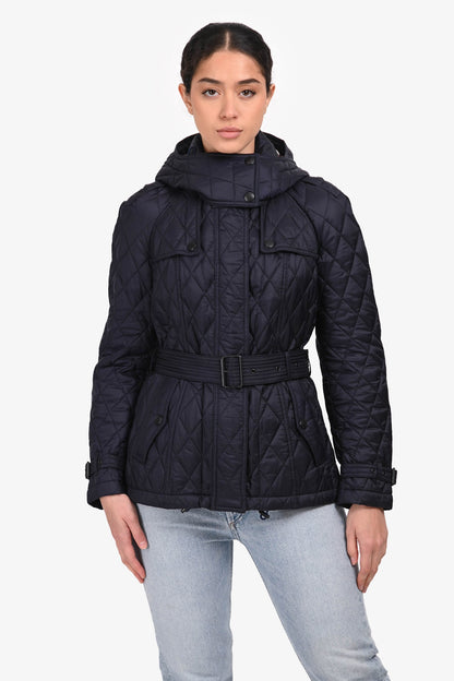 Burberry Navy Nylon Quilted Belted Short Coat Size S