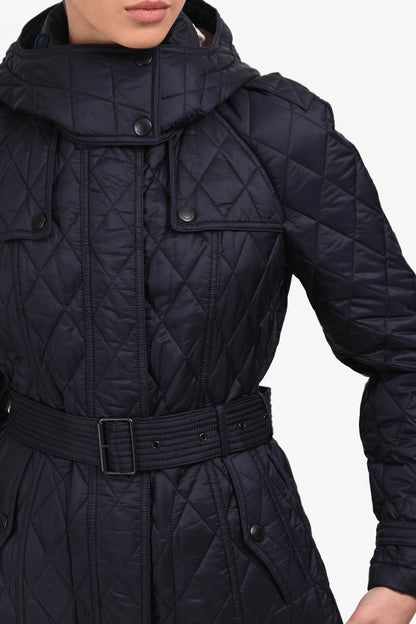 Burberry Navy Nylon Quilted Belted Short Coat Size S
