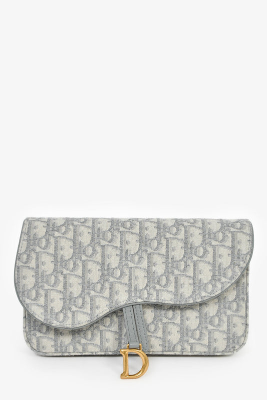 Christian Dior 2023 Grey Oblique Canvas Medium Saddle Pouch With Chain Rovelle Bags