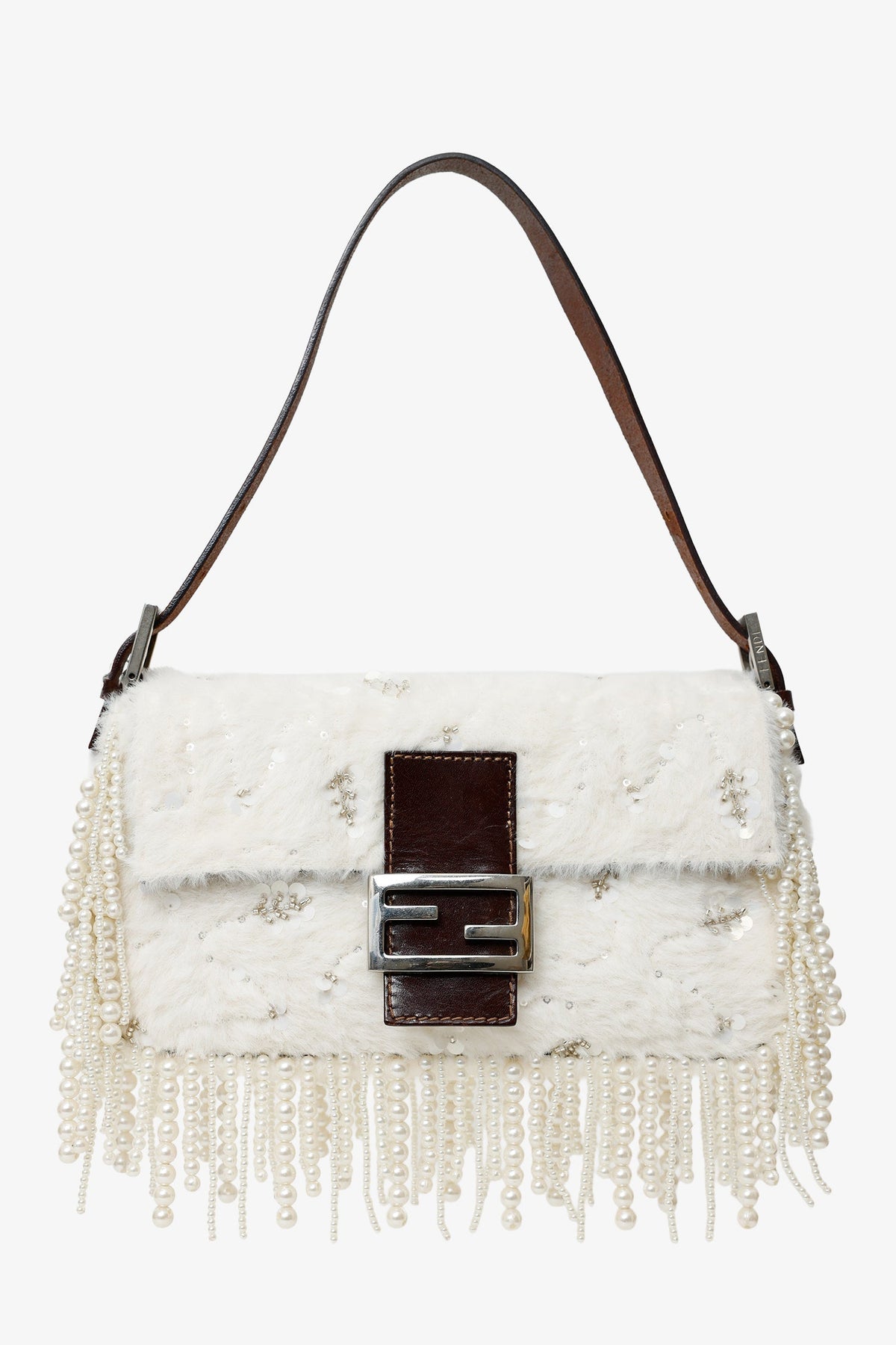 Fendi Limited Edition (1/30) White Fur Beaded Sequin Pearl Fringed Baguette Shoulder Bag Rovelle Bags