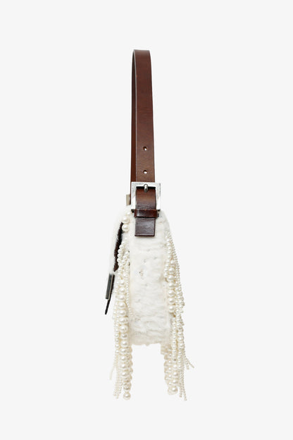 Fendi Limited Edition (1/30) White Fur Beaded Sequin Pearl Fringed Baguette Shoulder Bag Rovelle Bags