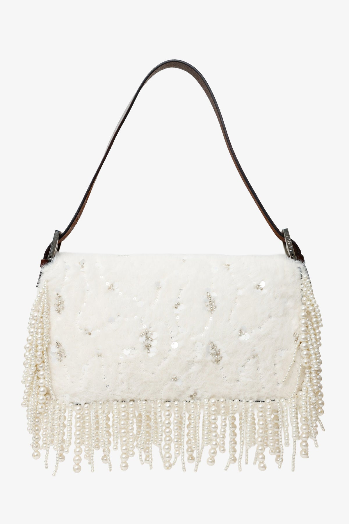 Fendi Limited Edition (1/30) White Fur Beaded Sequin Pearl Fringed Baguette Shoulder Bag Rovelle Bags