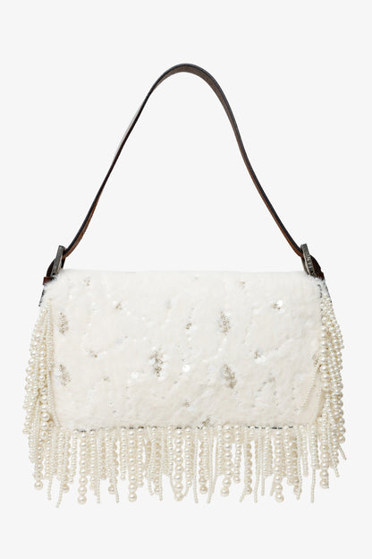 Fendi Limited Edition (1/30) White Fur Beaded Sequin Pearl Fringed Baguette Shoulder Bag Rovelle Bags