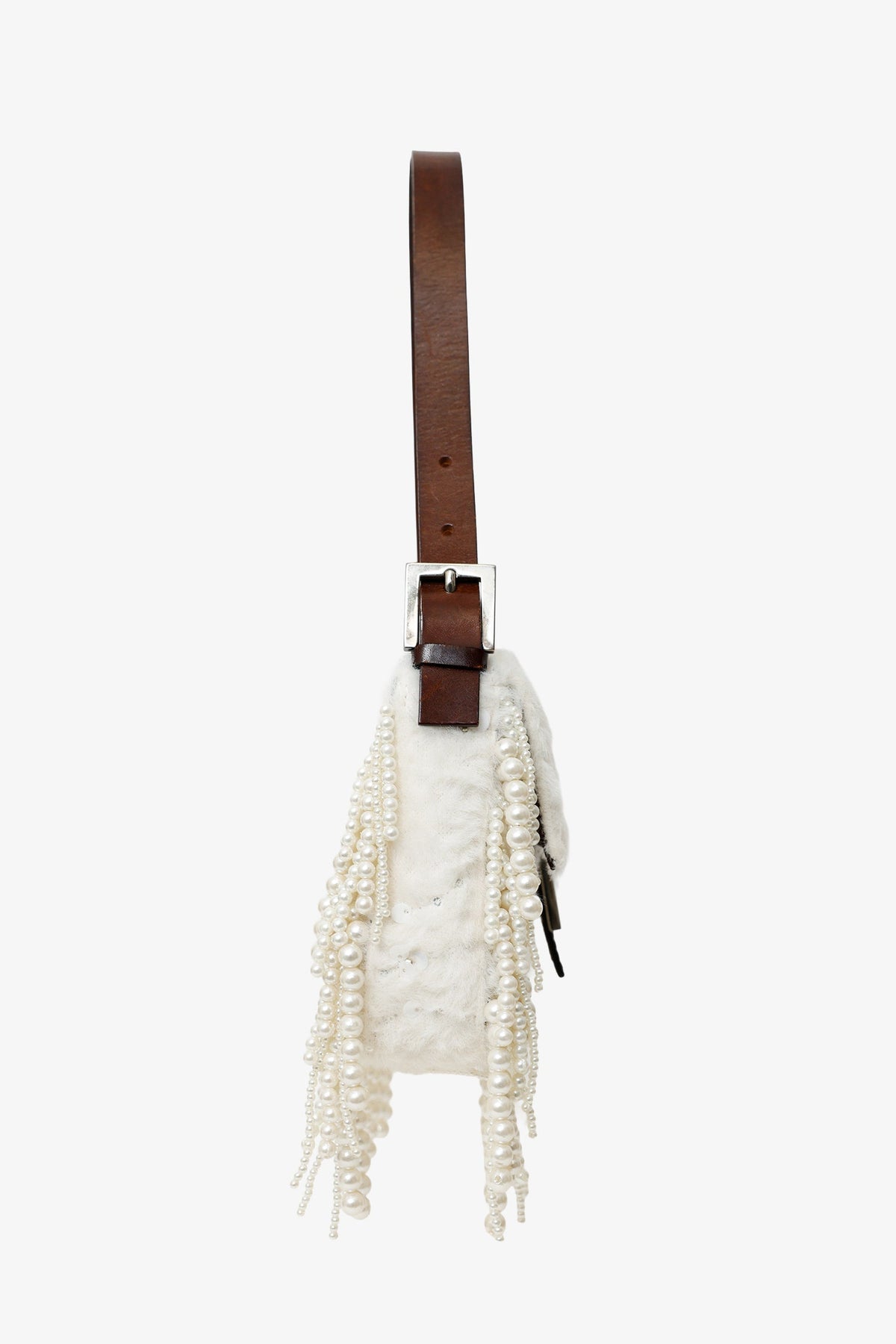 Fendi Limited Edition (1/30) White Fur Beaded Sequin Pearl Fringed Baguette Shoulder Bag Rovelle Bags