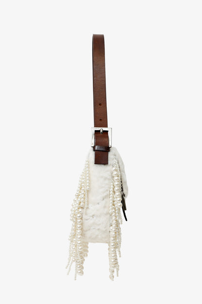 Fendi Limited Edition (1/30) White Fur Beaded Sequin Pearl Fringed Baguette Shoulder Bag Rovelle Bags