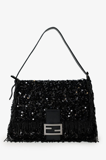 Fendi Limited Edition (1/30) Black Sequin Beaded Fringed Mama Baguette Shoulder Bag Rovelle Bags