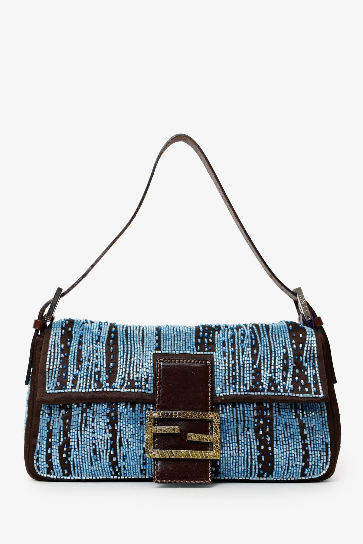 Fendi Brown/Blue Satin Beaded Baguette Shoulder Bag Rovelle Bags