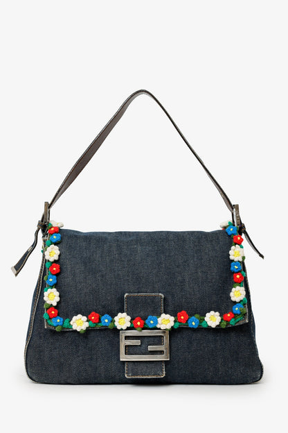 Fendi Blue Denim Crochet Floral Embellished Mama Baguette Shoulder Bag Rovelle Bags