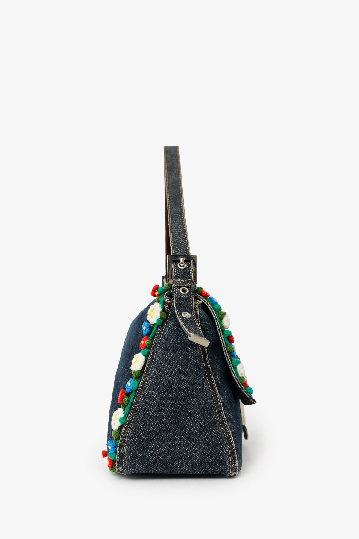 Fendi Blue Denim Crochet Floral Embellished Mama Baguette Shoulder Bag Rovelle Bags